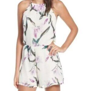 Leith Romper White Floral Print Sleeveless Halter - M